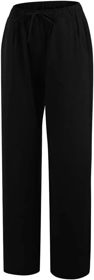 Women's Cotton Linen Pants Summer Casual Wide Leg Pant Loose Drawstring High Waist Palazzo Trousers with Pockets