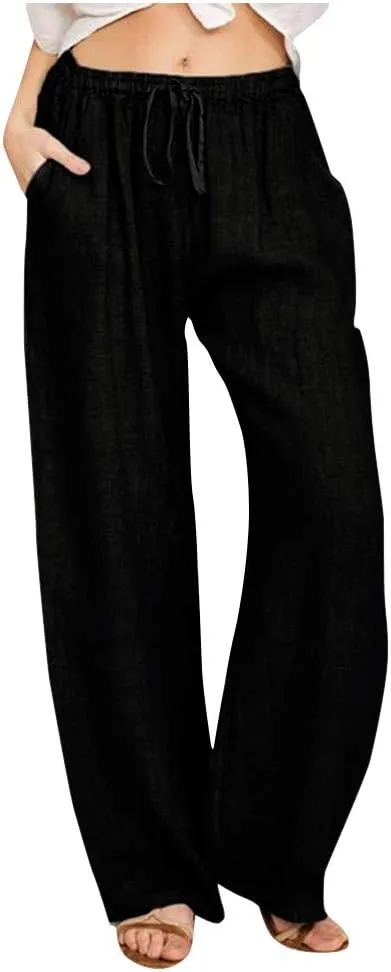 Women's Cotton Linen Pants Summer Casual Wide Leg Pant Loose Drawstring High Waist Palazzo Trousers with Pockets
