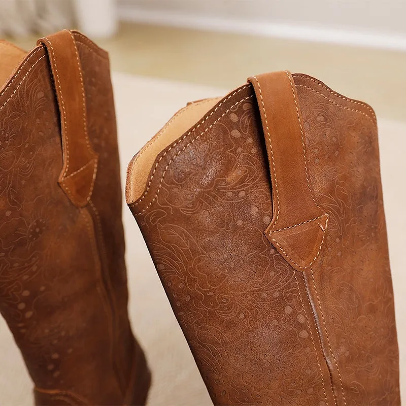 Womens Flowers Carving Western Boots Knee High Leather Cowboy Boots in Black/Coffee