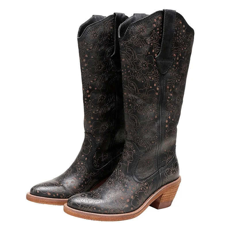 Womens Flowers Carving Western Boots Knee High Leather Cowboy Boots in Black/Coffee