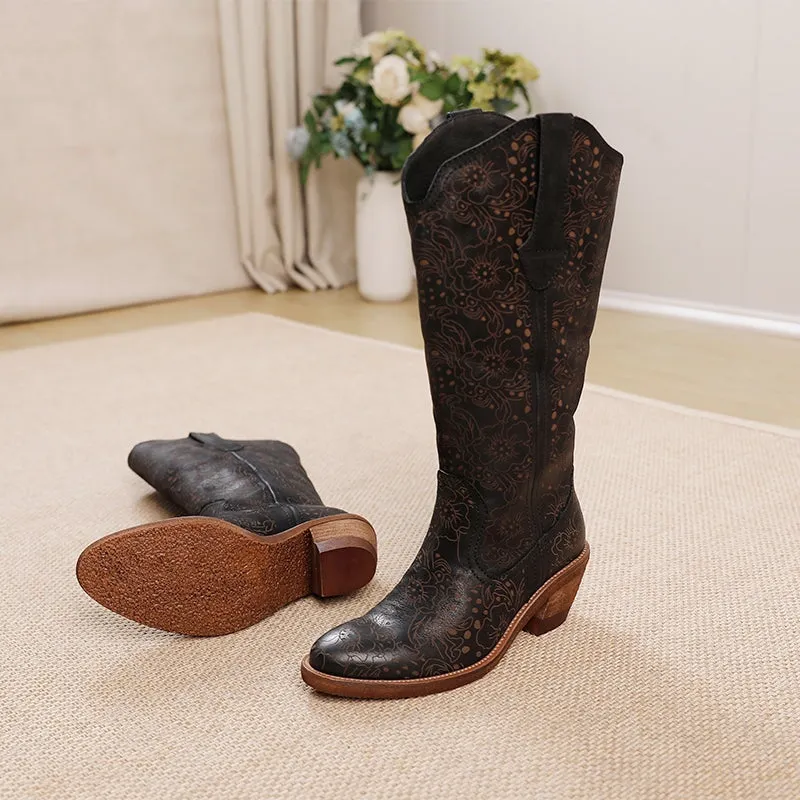 Womens Flowers Carving Western Boots Knee High Leather Cowboy Boots in Black/Coffee