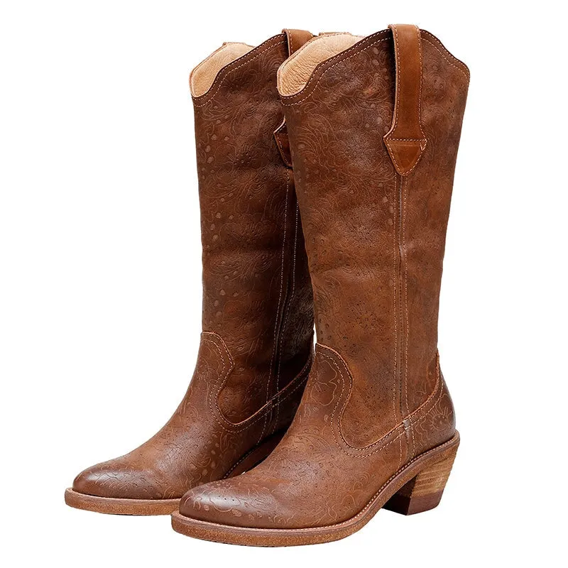 Womens Flowers Carving Western Boots Knee High Leather Cowboy Boots in Black/Coffee